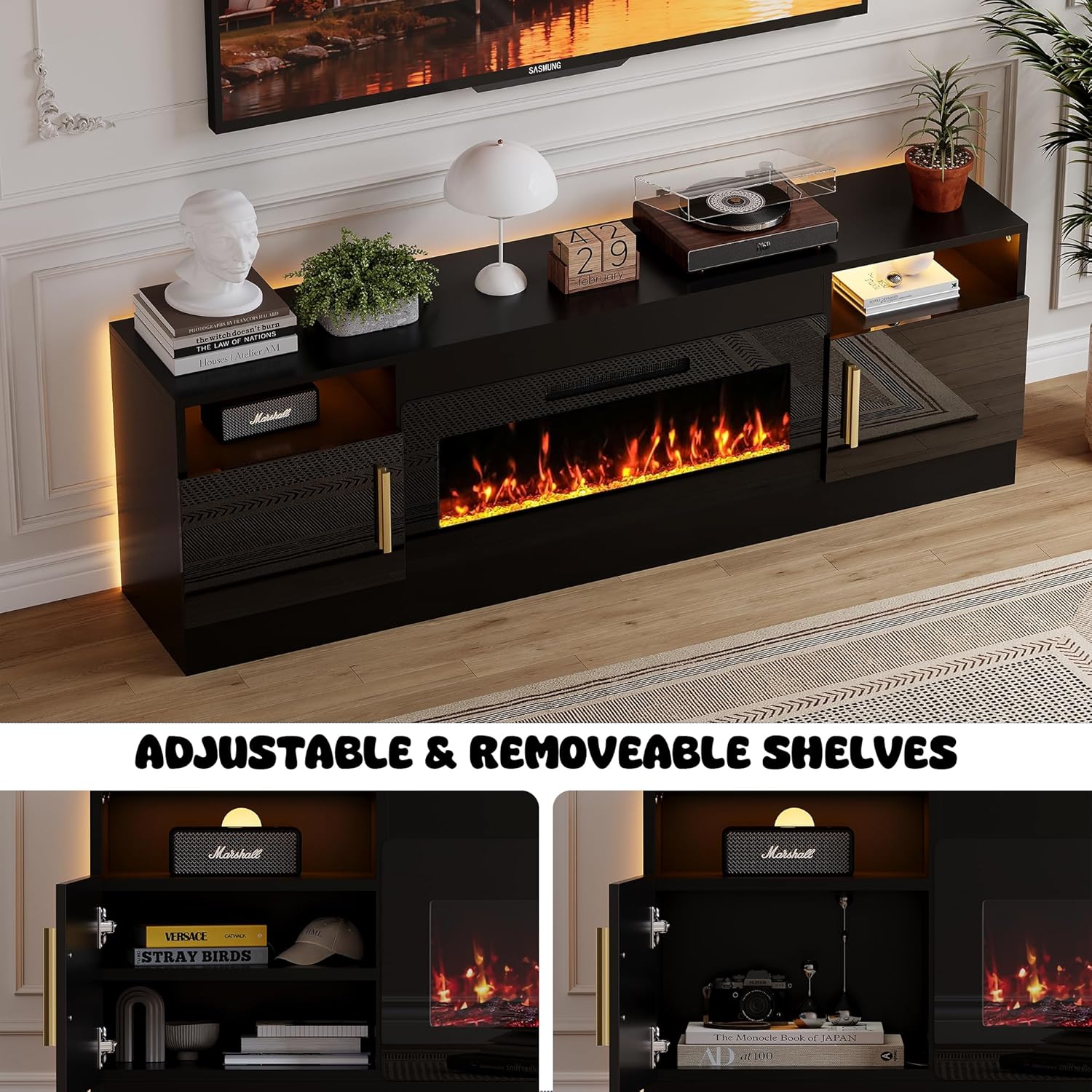 Fireplace TV Stand with 36'' Electric Fireplace, 70'' TV Media Entertainment Center with Fireplace Up to 80 inch,Modern LED TV Console for Living Room (Black with Black Fireplace)
