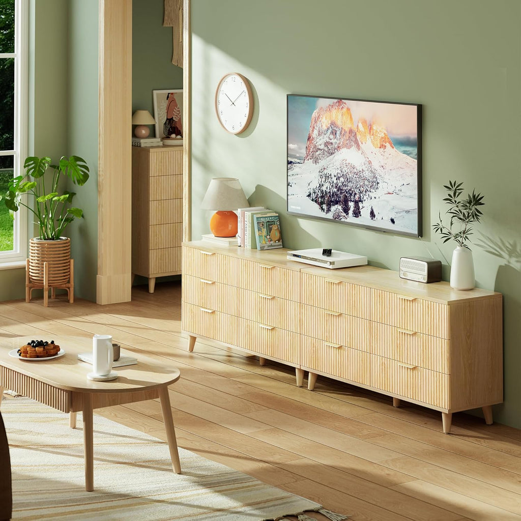 Lulive Dresser for Bedroom Wood Dressers Chest of Drawers, Fluted 53.2" Wide Modern Long Dresser TV Stand 6 Drawers for Bedroom, Closet, Living Room, Hallway (Natural)