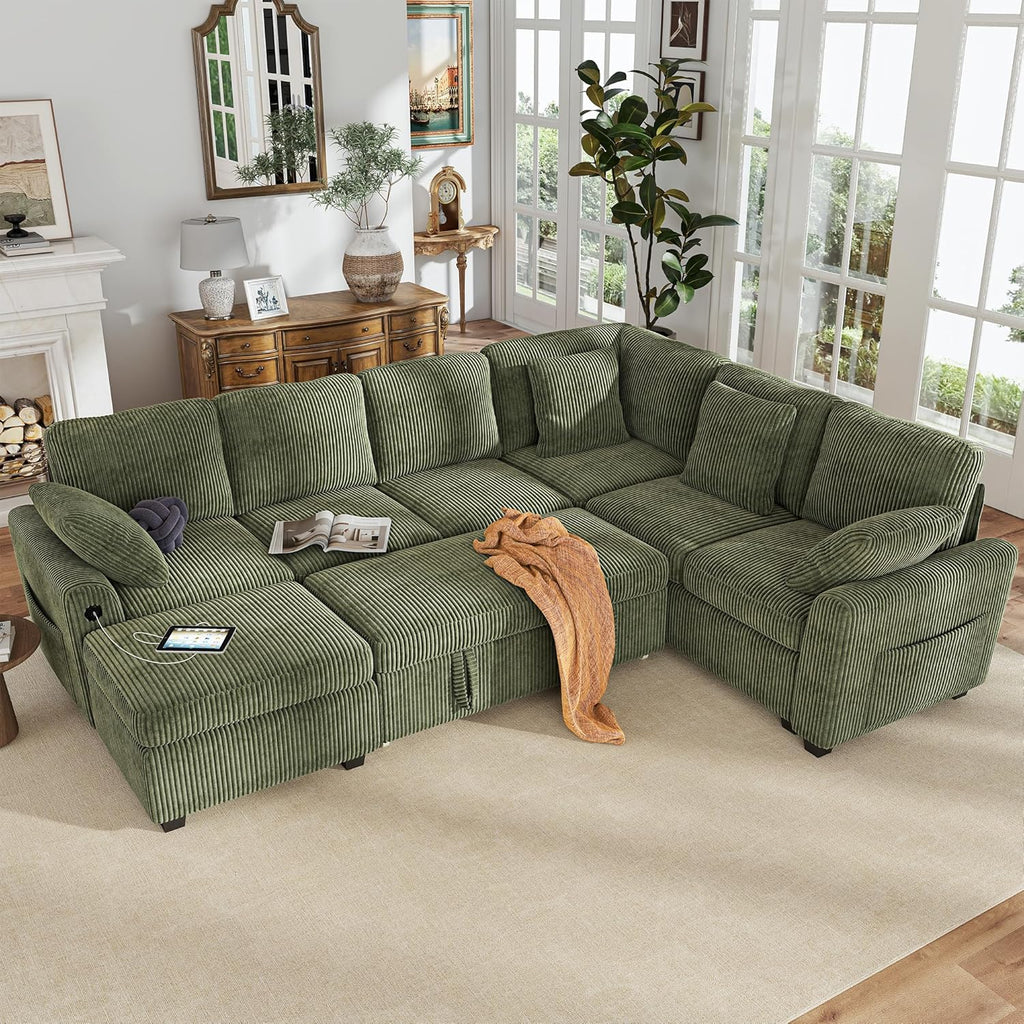 Hanherry Sectional Couch with Pull Out Sofa Bed,Corduroy Sleeper Sofa with Storage Ottoman & USB Charging,Comfy L Shaped Modular Couches for Living Room,Apartment