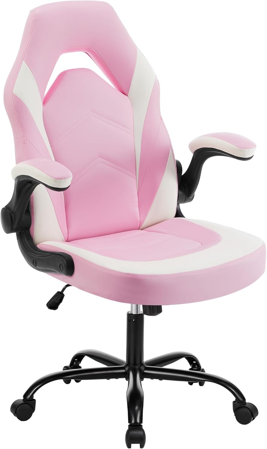 Sweetcrispy Computer Gaming Desk Chair - Ergonomic Lumbar Support Executive with PU Leather and Flip-up Armrest, Height Adjustable with 360° Swivel Wheels, Pink White, for Home and Office