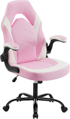 Sweetcrispy Computer Gaming Desk Chair - Ergonomic Lumbar Support Executive with PU Leather and Flip-up Armrest, Height Adjustable with 360° Swivel Wheels, Pink White, for Home and Office