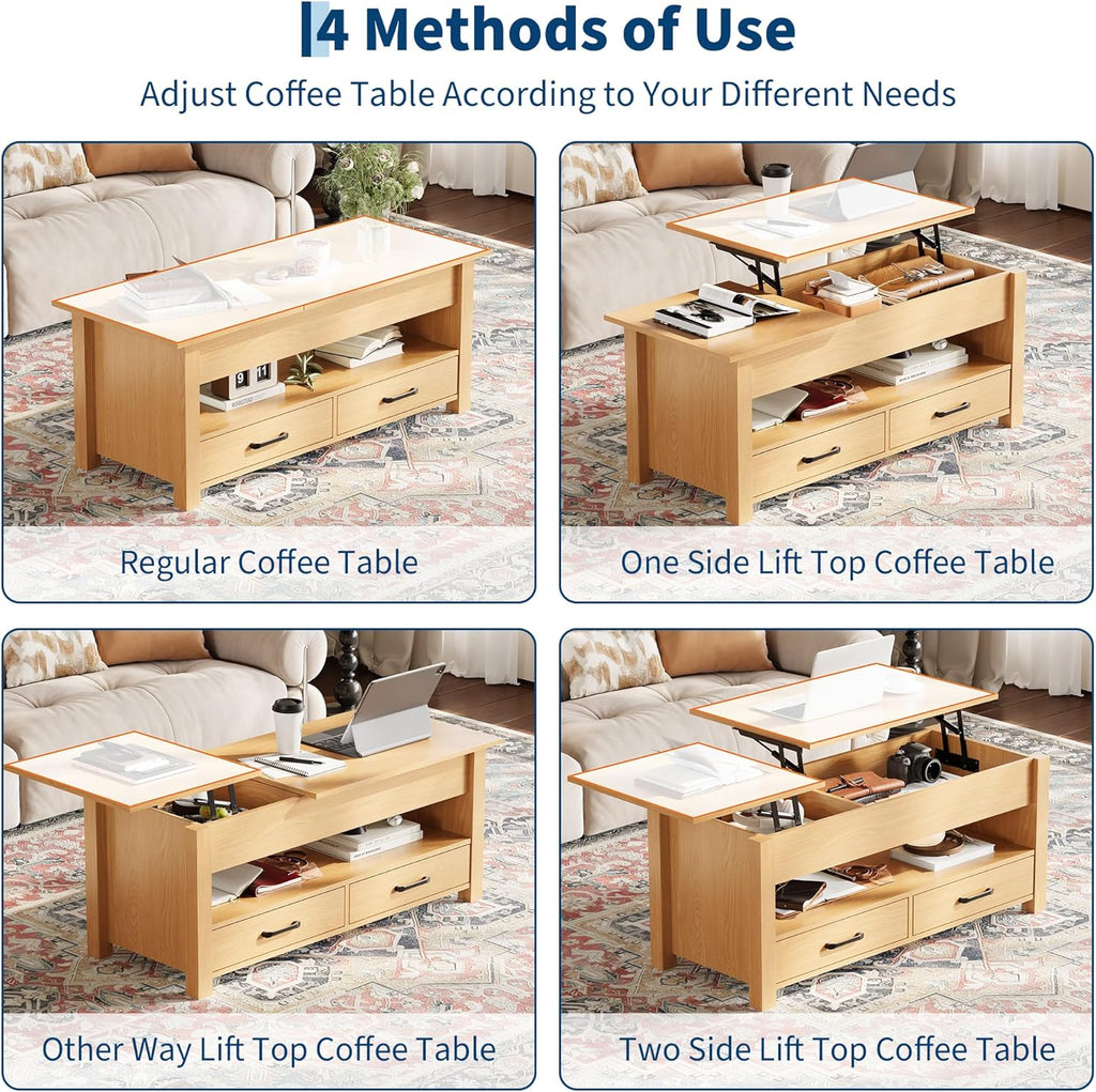 GarveeHome Coffee Table Lift Top, Convertible Coffee Table with Wooden Lift Tabletop, 2 Drawers and Hidden Compartment, Central Table with Storage for Living Room Home Office, Natural