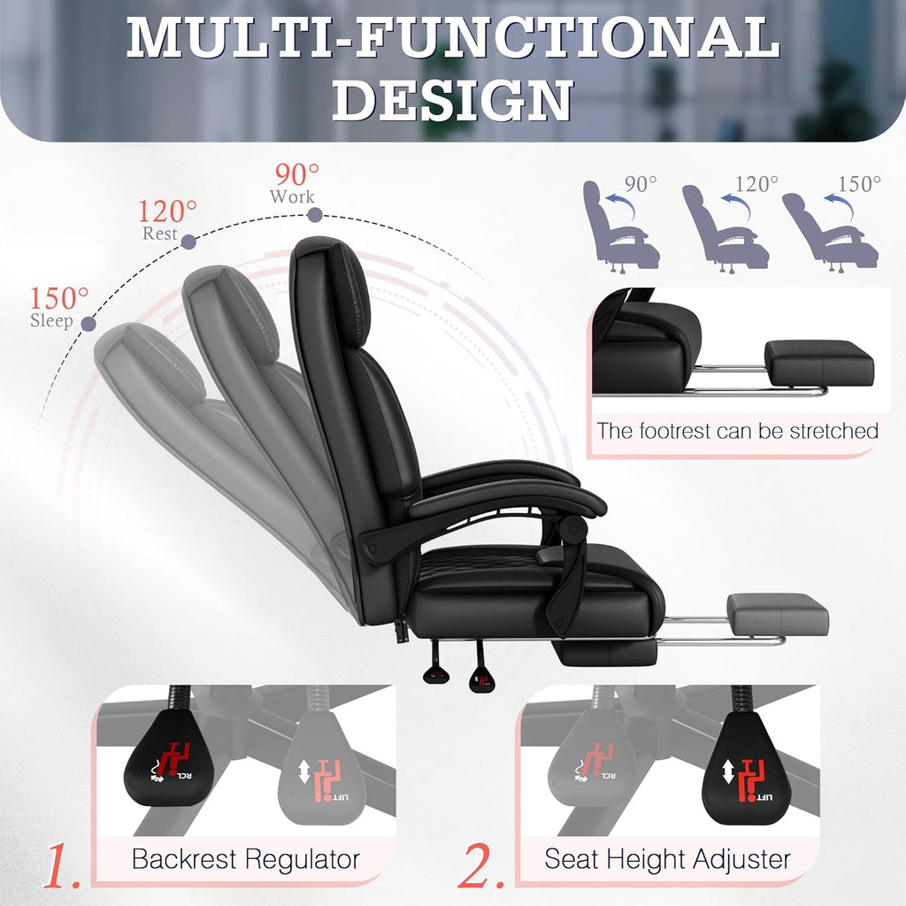 Furmax Massage Office Chair with Foot Rest 6 Points Vibration 400LBS Big and Tall Office Chair for Heavy People High Back Reclining Executive Computer Chair for Home Office Desk (Black)