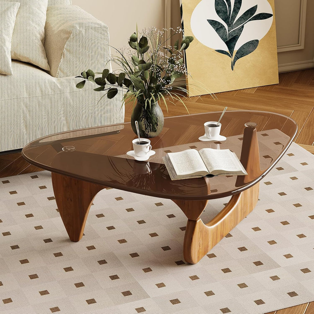 Coffee Table for Living Room Mid Century Modern Center Table with Glass Top and Wood, Brown/Walnut