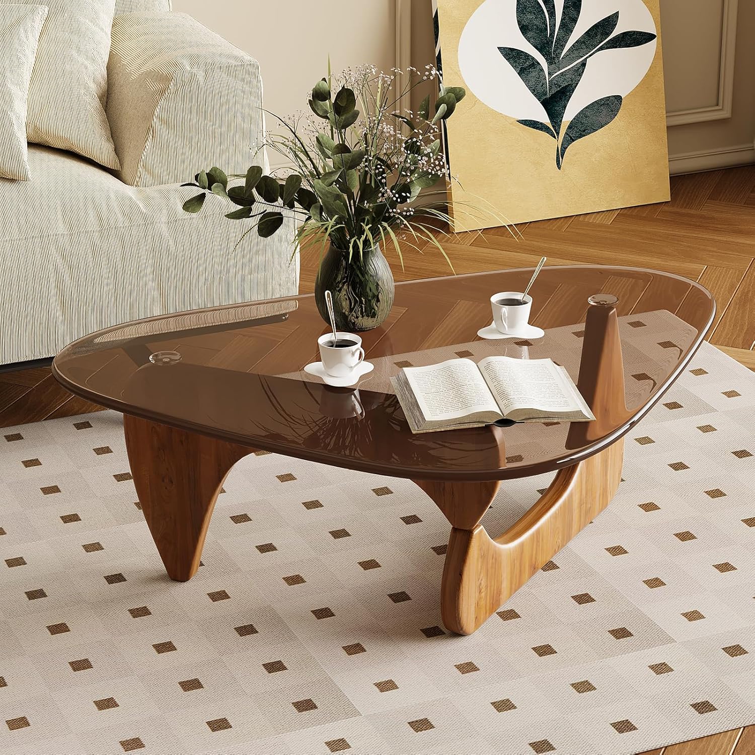 Coffee Table for Living Room Mid Century Modern Center Table with Glass Top and Wood, Brown/Walnut