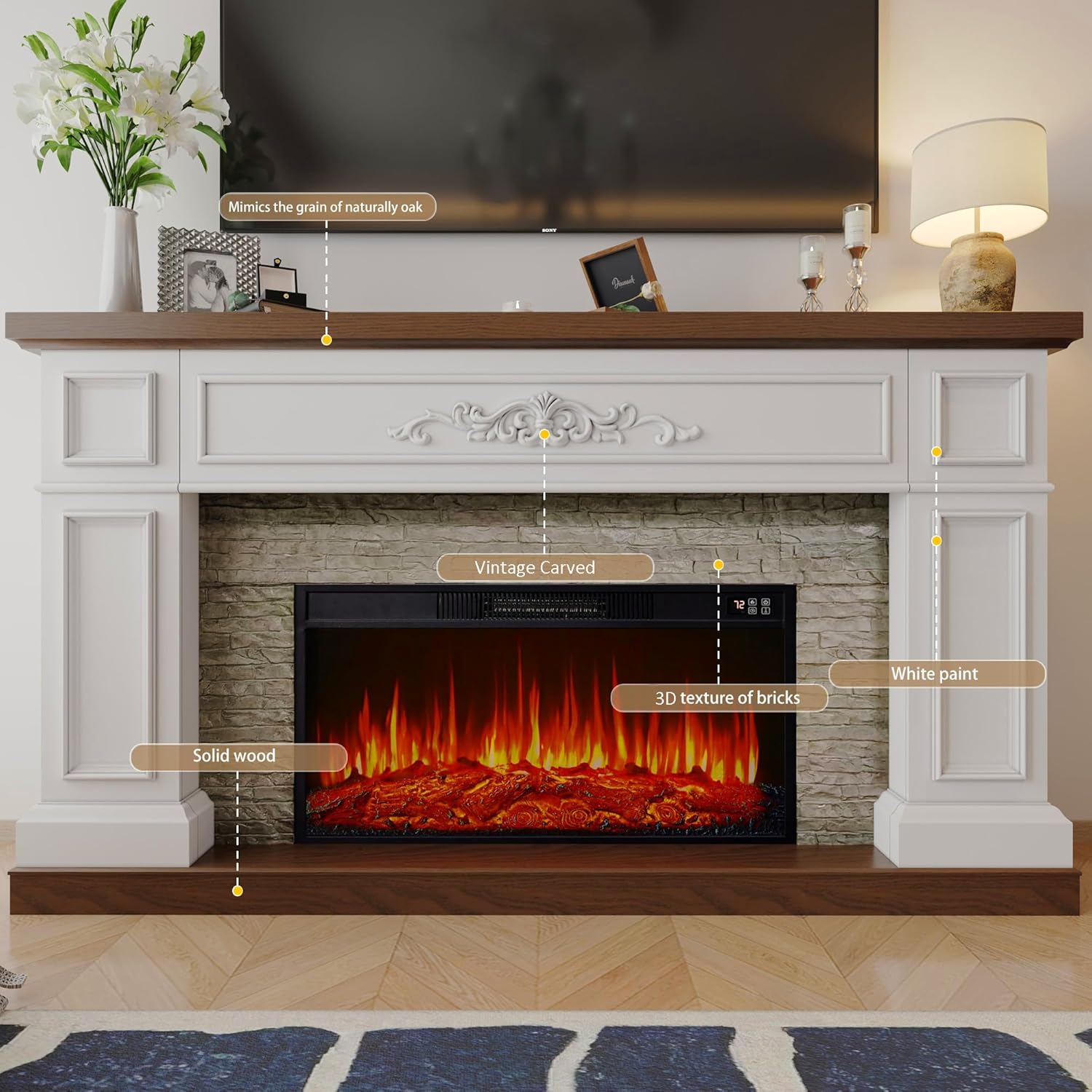 BLANKSPACE 60" Landscape Electric Fireplace with Mantel, Solid Wood Modern Entertainment Center TV Stand, Replaceable 30" Fireplace Insert Heater, for Living Room, Bedroom