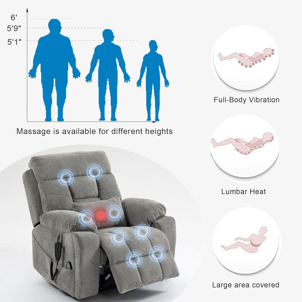 Power Lift Chair Lay Flat Recliner Dual Motor Recliner Chair with Massage Heat for Adults,Up to 400 LBS Recliners with 2 Remote Controls and 2 Cup Holders