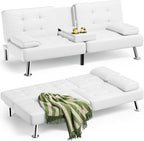 Homall Futon Sofa Bed, Leather Futon Couch with Removable Armrests, Adjustable Recliner Sleeper Sofa Bed with Dual Cup Holders for Living Room, Apartment, Office (White)