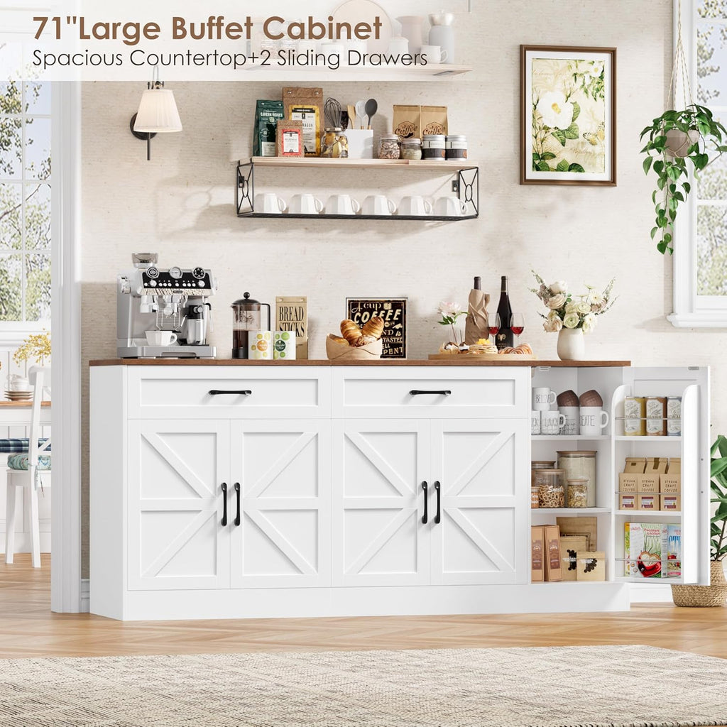 71” Large Sideboard Buffet Cabinet with Storage, Farmhouse Buffet Cabinet with Adjustable Shelves and 3 Door Shelves, Wood Coffee Bar Console Table for Kitchen, Dining Room (White)