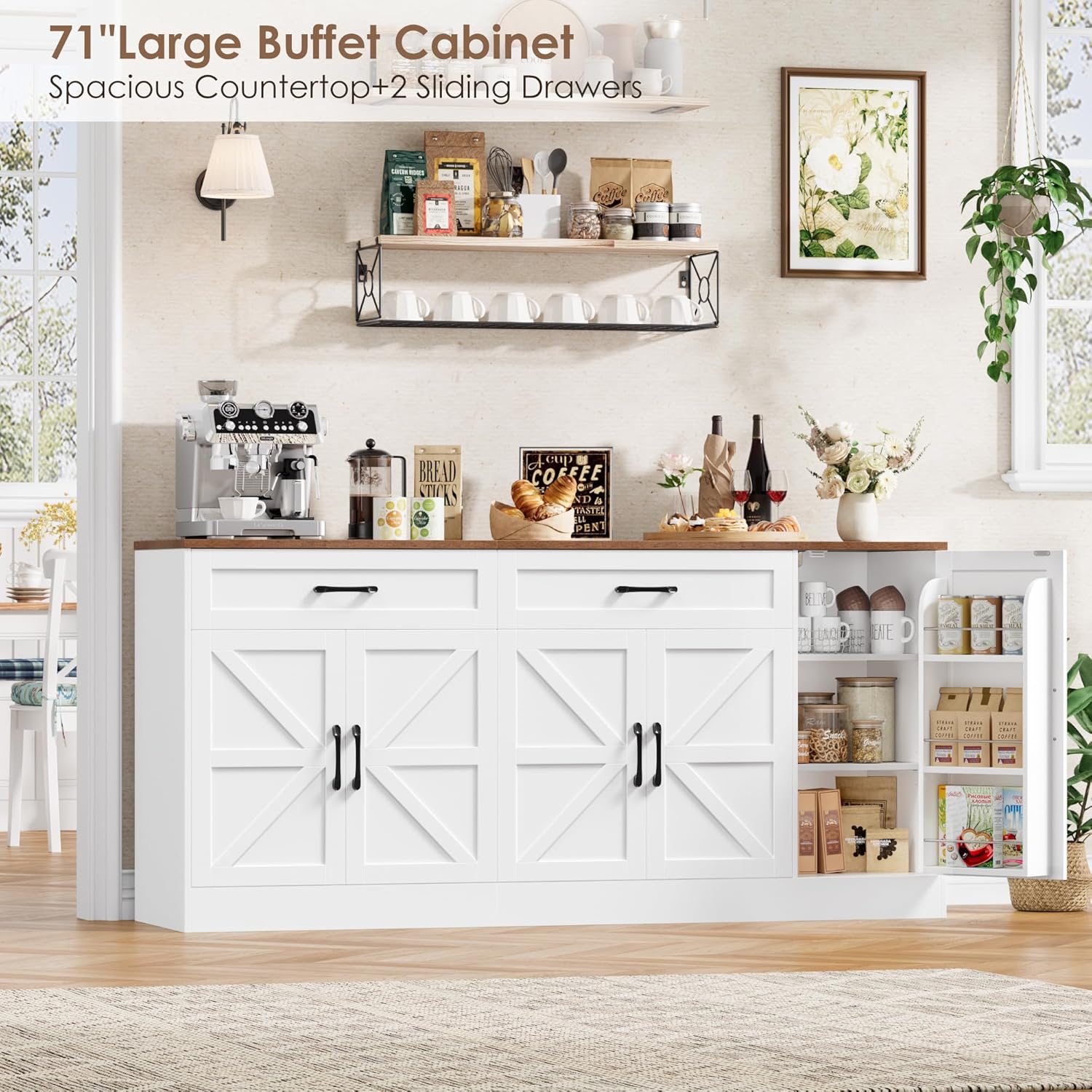 71” Large Sideboard Buffet Cabinet with Storage, Farmhouse Buffet Cabinet with Adjustable Shelves and 3 Door Shelves, Wood Coffee Bar Console Table for Kitchen, Dining Room (White)