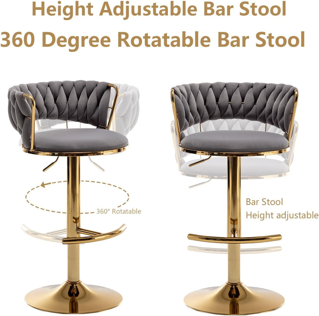 Velvet Bar Stools Set of 3, Counter Height Barstools with Low Back, Gold Swivel Bar Stool for Kitchen Island, Pub (Grey)