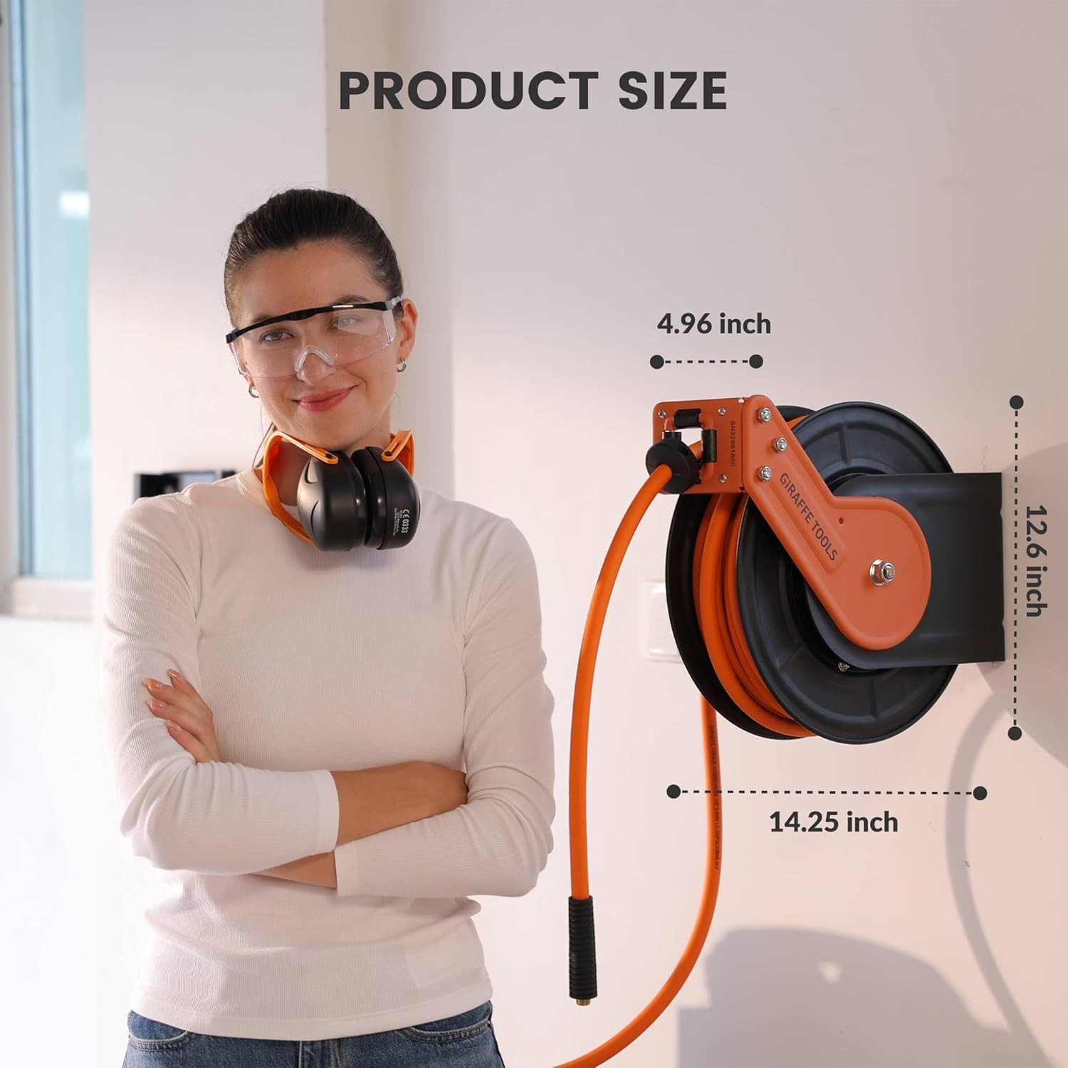 Giraffe Tools Retractable Air Hose Reel, 3/8" Hybrid Hose, Air Compressor Heavy Duty Steel Reel Auto Rewind 300PSI, Wall Mount, 50ft