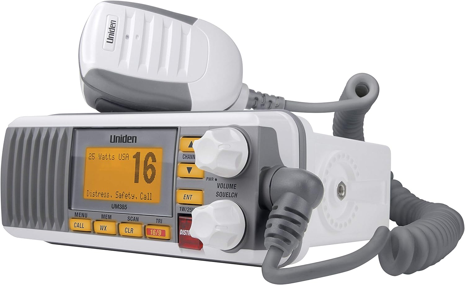Uniden UM385 25 Watt Fixed Mount Marine Vhf Radio  Waterproof IPX4 with Triple Watch  Dsc  Emergency/Noaa Weather Alert  All Usa/International/Canadian Marine Channels  Memory Channel Scan  White