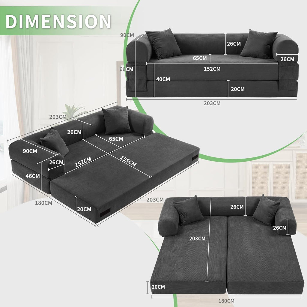4-in-1 Folding Convertible Sofa Bed, 80 Inch Oversized Corduroy Boneless Couch, Loveseat Sleeper with Pull Out Bed, Floor Sofa Modular Futon Teddy Sofa for Living Room Bedroom Lounge, Deep Gray