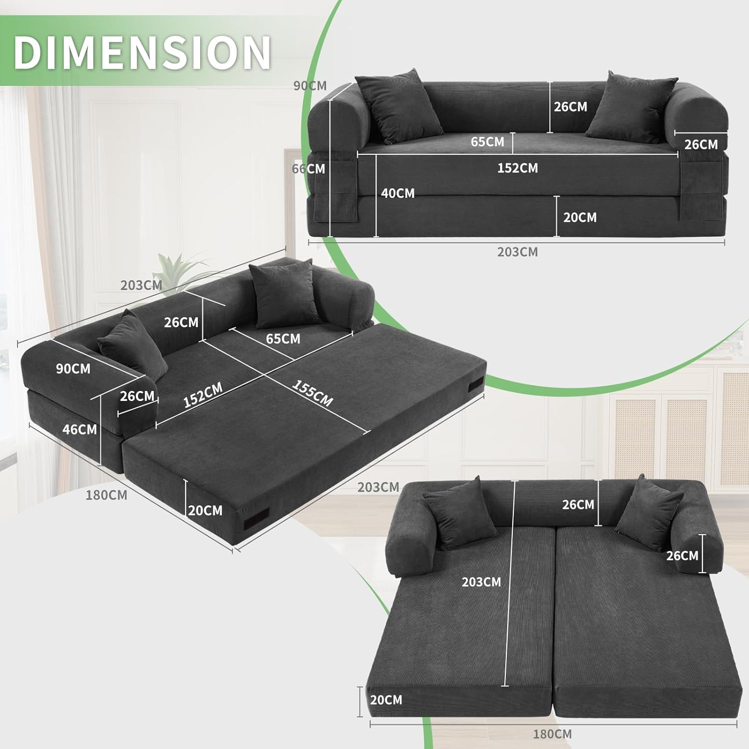 4-in-1 Folding Convertible Sofa Bed, 80 Inch Oversized Corduroy Boneless Couch, Loveseat Sleeper with Pull Out Bed, Floor Sofa Modular Futon Teddy Sofa for Living Room Bedroom Lounge, Deep Gray