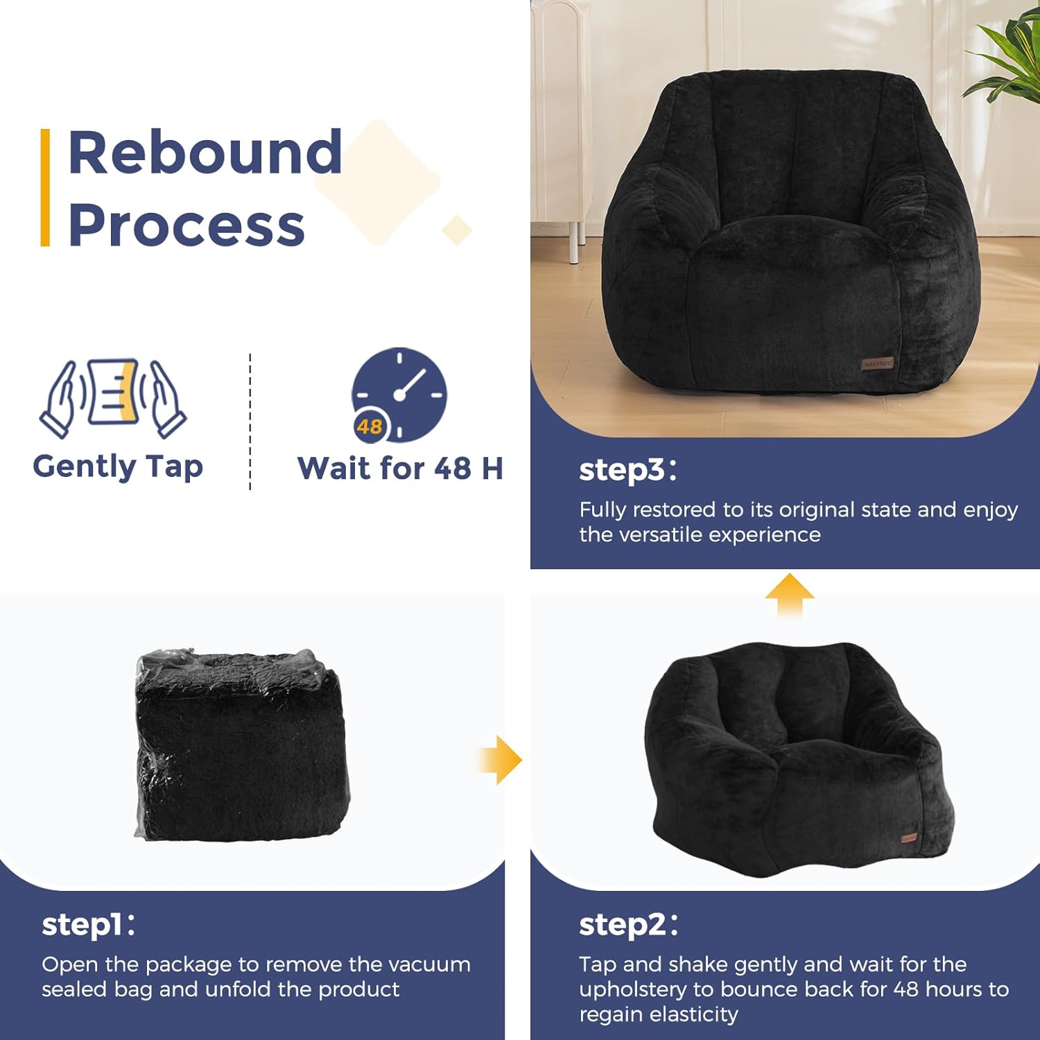 MAXYOYO Bean Bag Chair, Comfy Bean Bag Sofa with Back Support, Faux Fur Bean Bag Chair for Adults and Kids, Stuffed Floor Sofa for Living Room, Bedroom, Apartment, Black