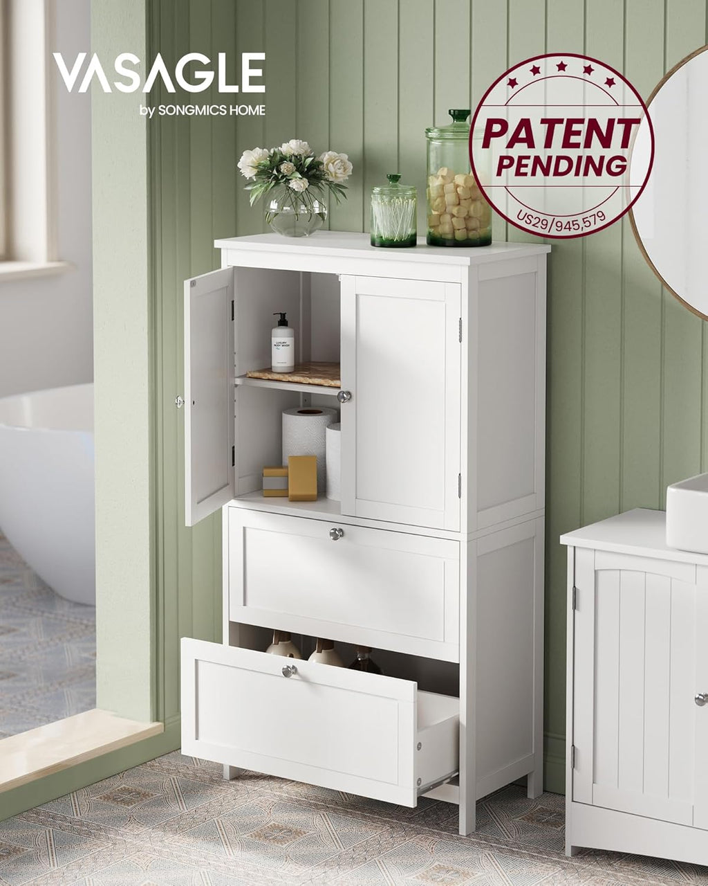 VASAGLE Bathroom Floor Storage Cabinet, Bathroom Storage Unit, Freestanding Cabinet with 2 Drawers and 2 Doors, Adjustable Shelf, 11.8 x 23.6 x 43.3 Inches, White UBBC551WH01S