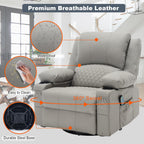 Leather Recliner Chair with Heat and Massage Cup Holder, Thickly Padded Overstuffed Rocking Glider Chair, Swivel Rocker Recliner Chair for Nursery, Grey