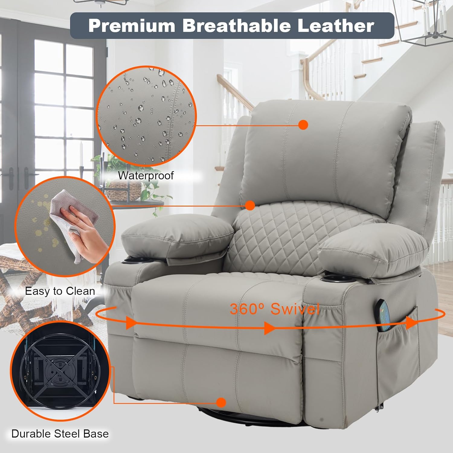 Leather Recliner Chair with Heat and Massage Cup Holder, Thickly Padded Overstuffed Rocking Glider Chair, Swivel Rocker Recliner Chair for Nursery, Grey