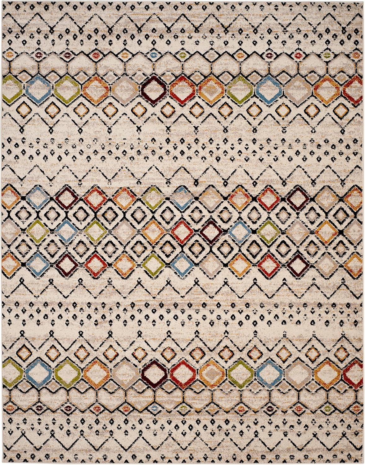 SAFAVIEH Amsterdam Collection Area Rug - 9' x 12', Ivory & Multi, Moroccan Boho Design, Non-Shedding & Easy Care, Ideal for High Traffic Areas in Living Room, Bedroom (AMS108K)