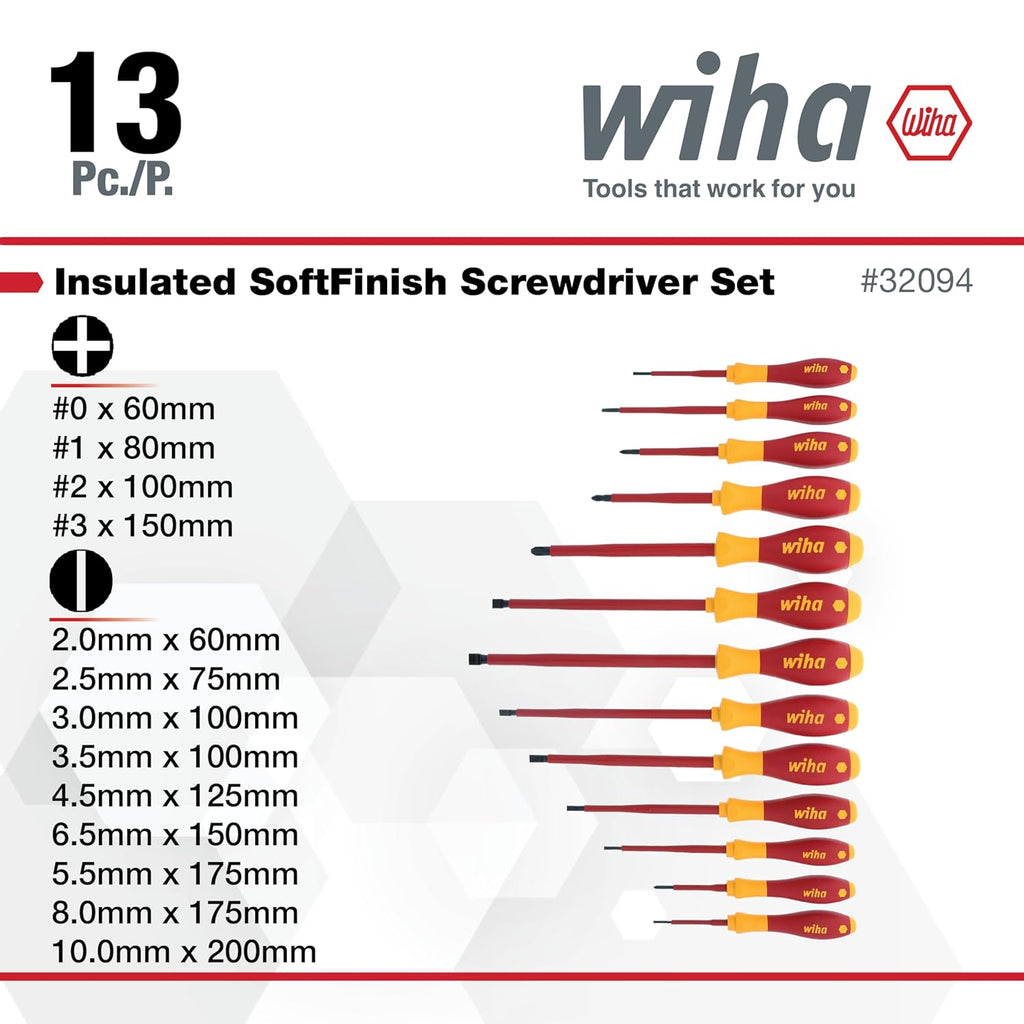 Wiha 32094 Slotted & Phillips Insulated Screwdriver Set, 13 Piece, 1000V VDE, SoftFinish Handle, Black Oxide
