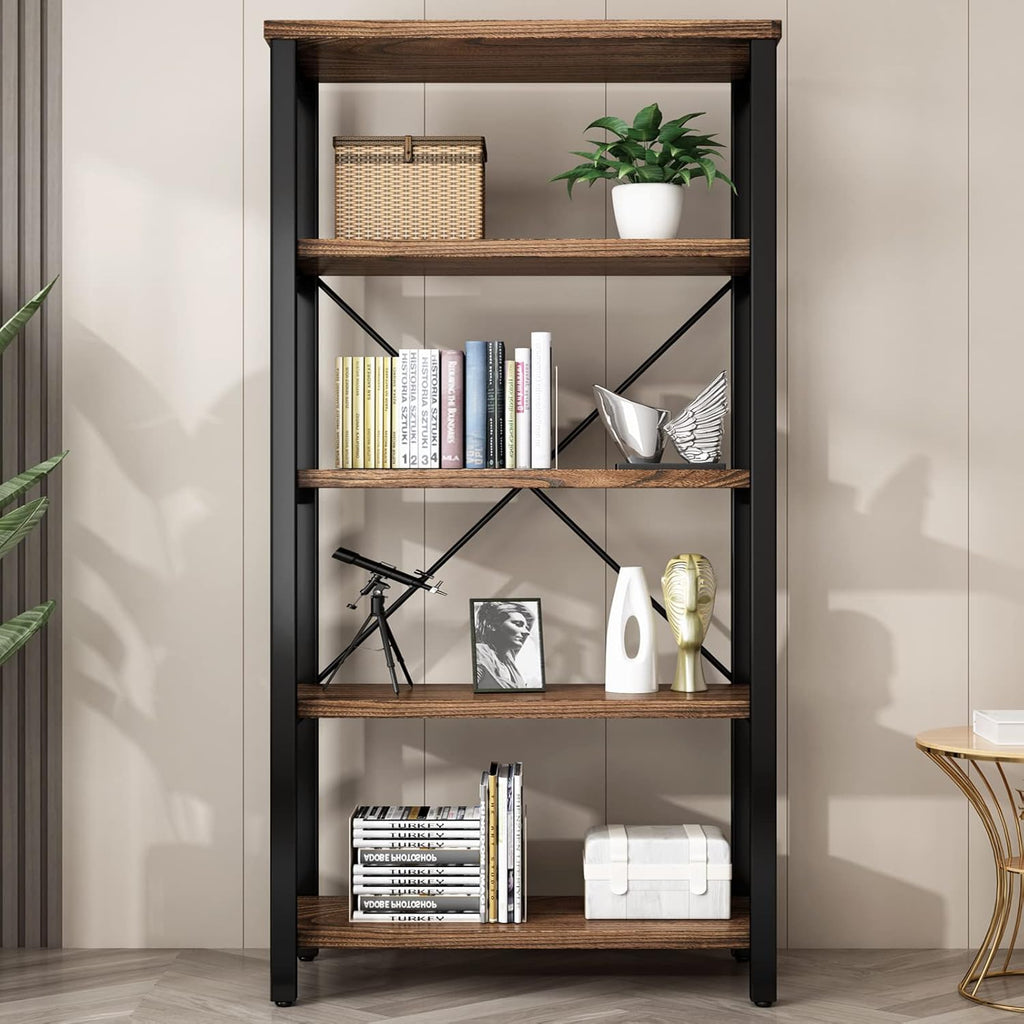5 Tier Industrial Solid Wood Bookshelf, Open Etagere Bookcase with Metal Frame, Vintage Industrial Style Bookcase/Metal and Wood Bookshelf Furniture (AY01-5tier)