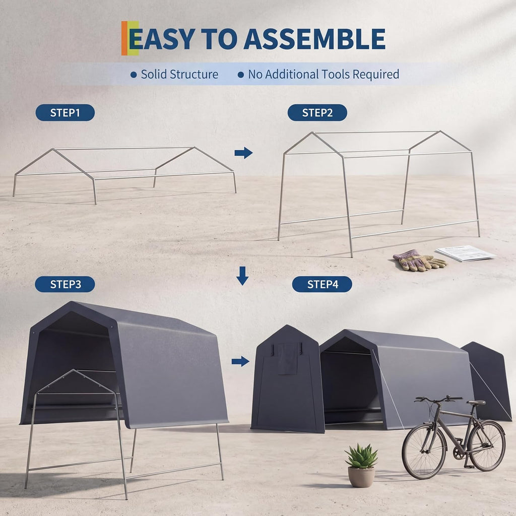 6x6FT Carport, Heavy Duty Motorcycle Shed with Waterproof PE Tarp, Portable Outdoor Storage Shed for Bikes and Firewood, All-Weather Car Shelter with Roll-Up Zipper Door, 6x6FT, Gray