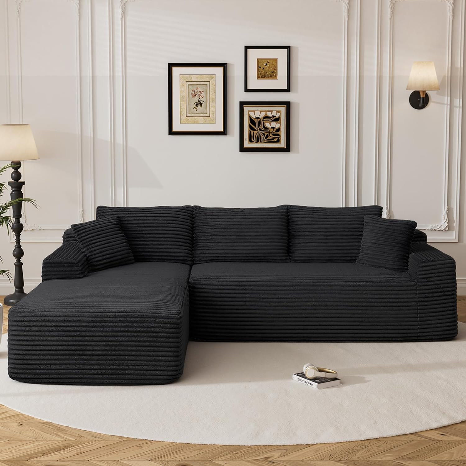 95" Boneless Cloud Sectional Couches for Living Room, Comfy Fluffy L Shaped Memory Foam Deep Seat Boneless Couch, Modular Sectional Sofa with Left Facing Chaise, Black