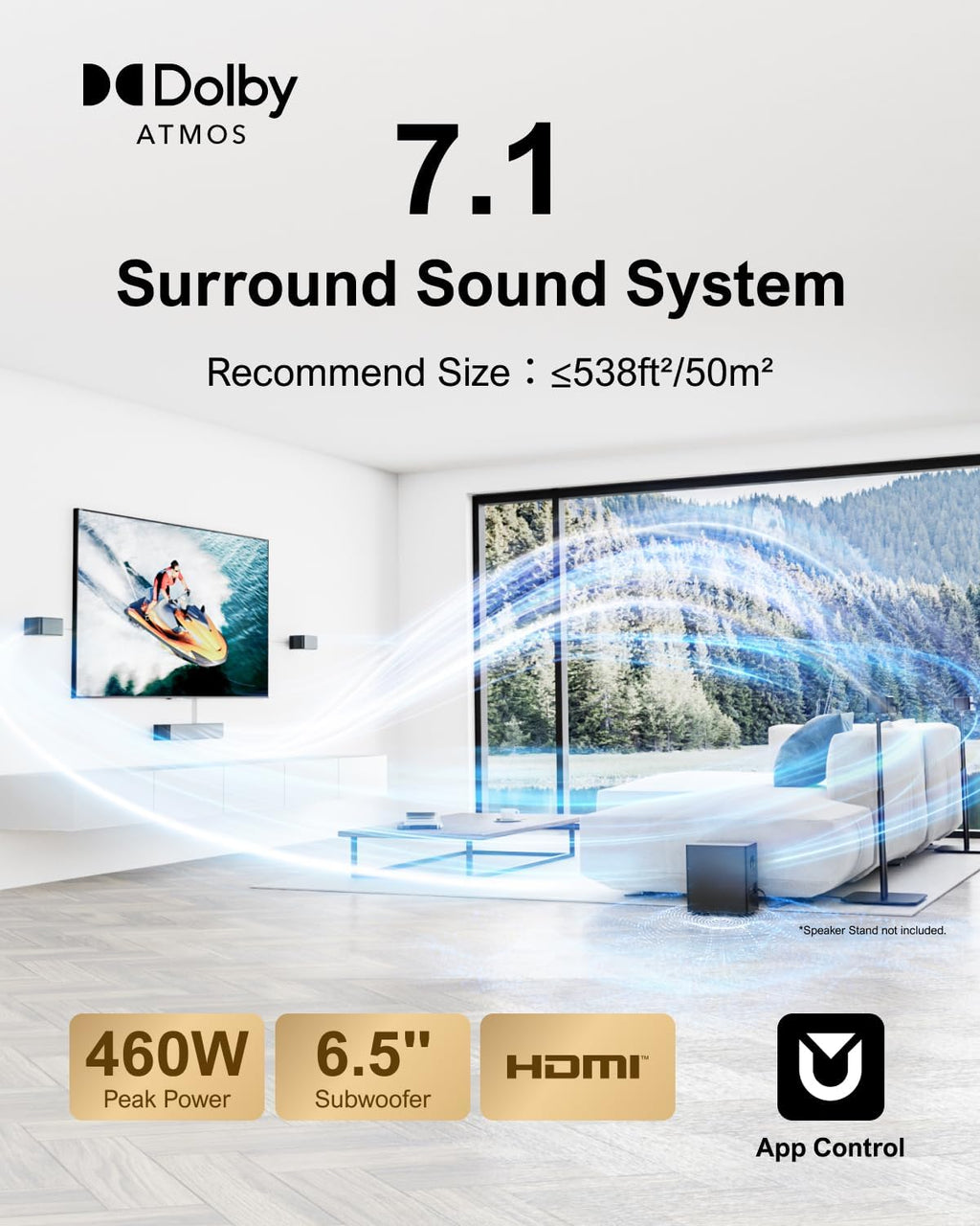 ULTIMEA 7.1 Surround Sound System for TV with Dolby Atmos  460W Sound Bar for TV with 6.5" Subwoofer  APP Control  4 Wired Surround Speakers  Home Theater Sound System  Poseidon D80 (2025 Upgrade)