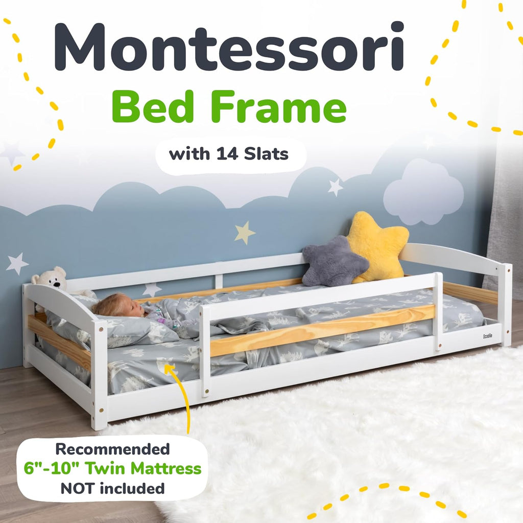 Ocodile Twin Floor Bed with Safety Guardrails for Kids, Montessori Inspired with Rails and 2 Openings, Twin Size Bed Frame for Girls and Boys - White