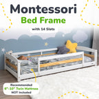 Ocodile Twin Floor Bed with Safety Guardrails for Kids, Montessori Inspired with Rails and 2 Openings, Twin Size Bed Frame for Girls and Boys - White
