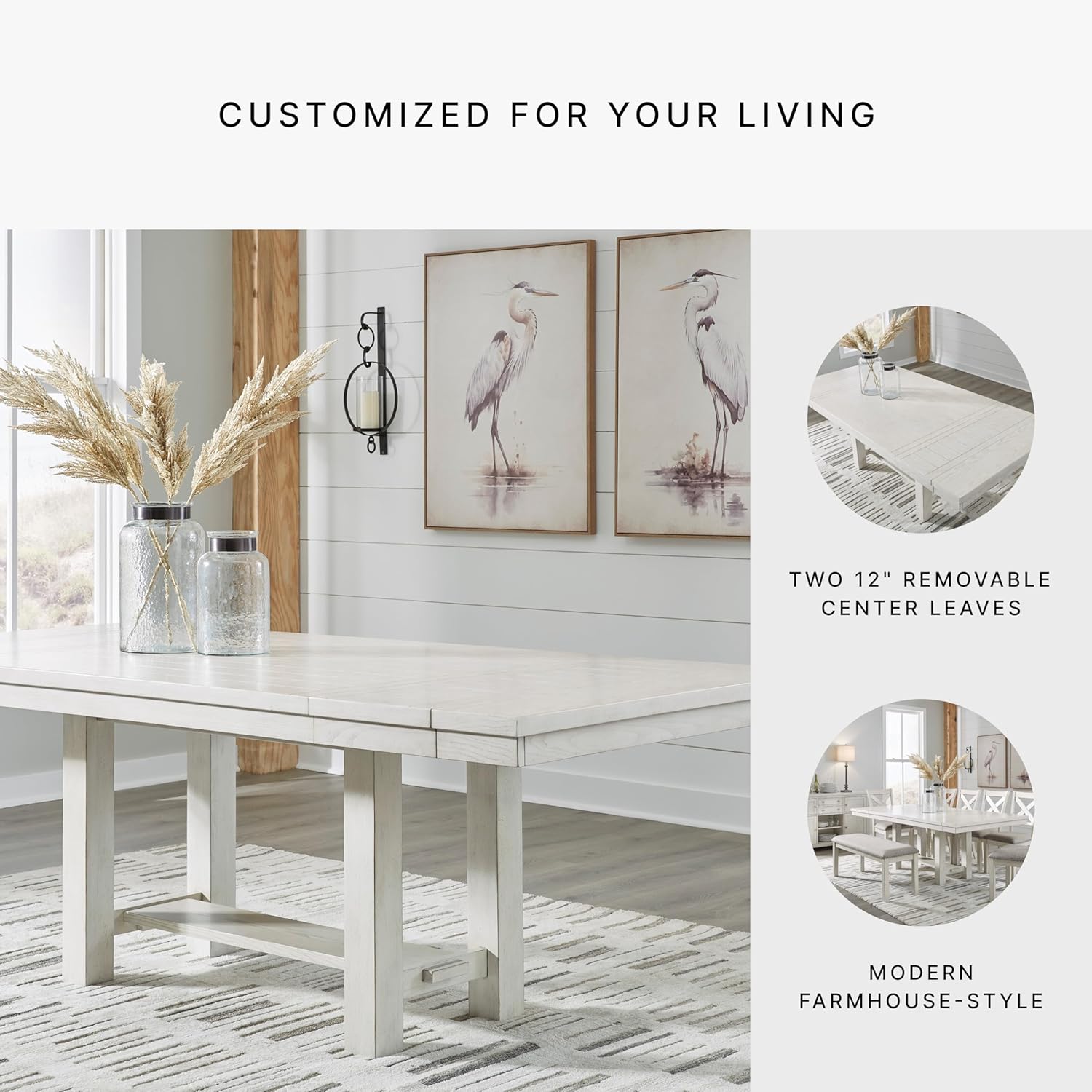 Signature Design by Ashley Robbinsdale Casual Removable Center Leaf Dining Extension Table with Trestle Base, Wood, Ash Veneer, Tabletop with Planked Effect, 2 Removable Center Leaves, Seats 8, White