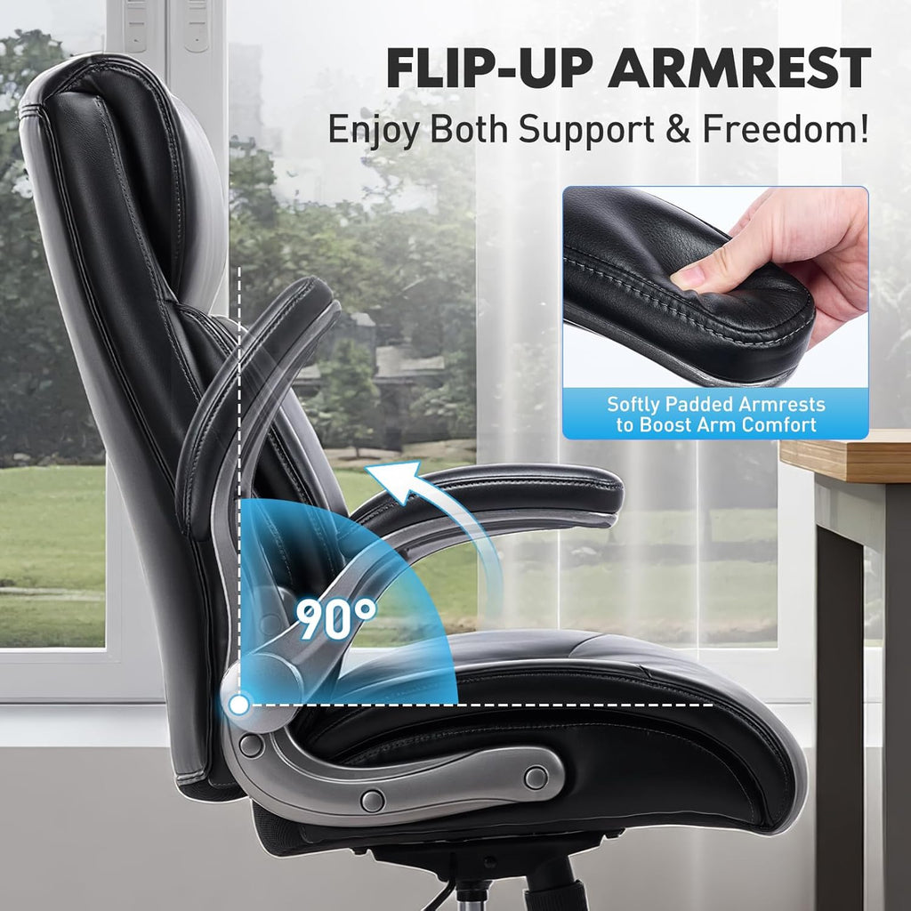 MALOL Ergonomic High-Back Executive Office Chairs, Heavy Duty Home Computer Chair with Lumbar Support, Flip-Up Arms, and PU Leather Upholstery, Black