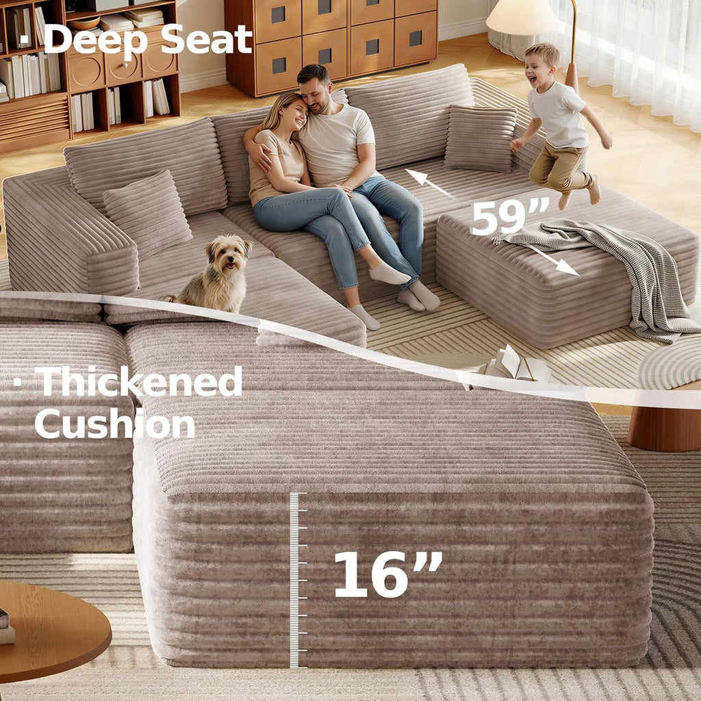 108.2" Modular Sectional Sofa with Deep Seat, Boneless U Shaped Corduroy Couch Modern Comfort, Cloud Couch Oversized for Living Room No Assembly (Camel)