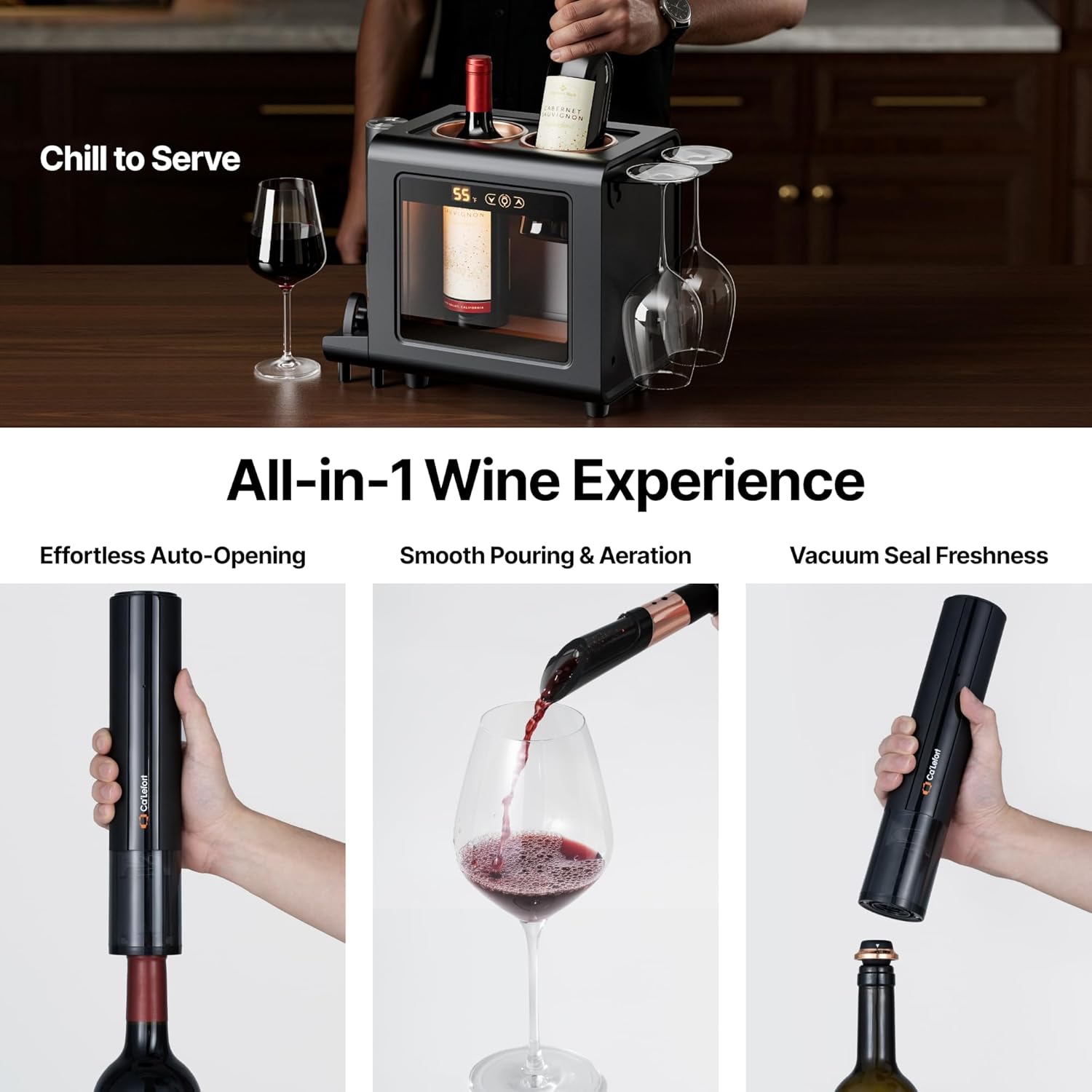 Ca'Lefort Electric Wine Chiller - 46-64°F Wine Cooler for 2 Standard Bottles (3.6" Dia.), All-in-1 Set Electric Opener & 2 Glasses, Perfect for Red, White, Champagne at Home/Office, Gift for Men Women