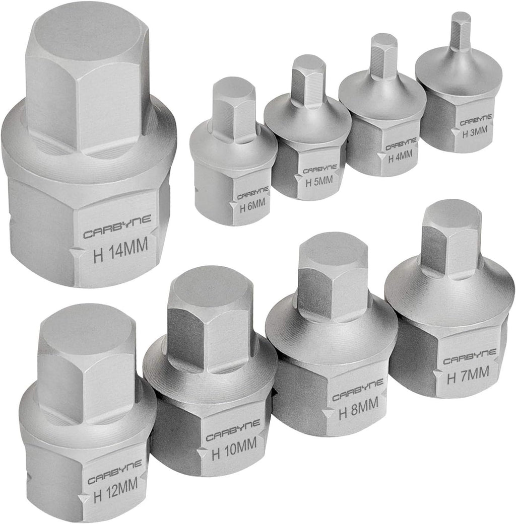 CARBYNE 9-Piece Stubby Low Profile Hex Bit Socket Set Metric, S2 Steel, 3mm to 14mm Super Short Allen Sockets with Dual Drive Internal Square and External Hex for Tight Confined Spaces