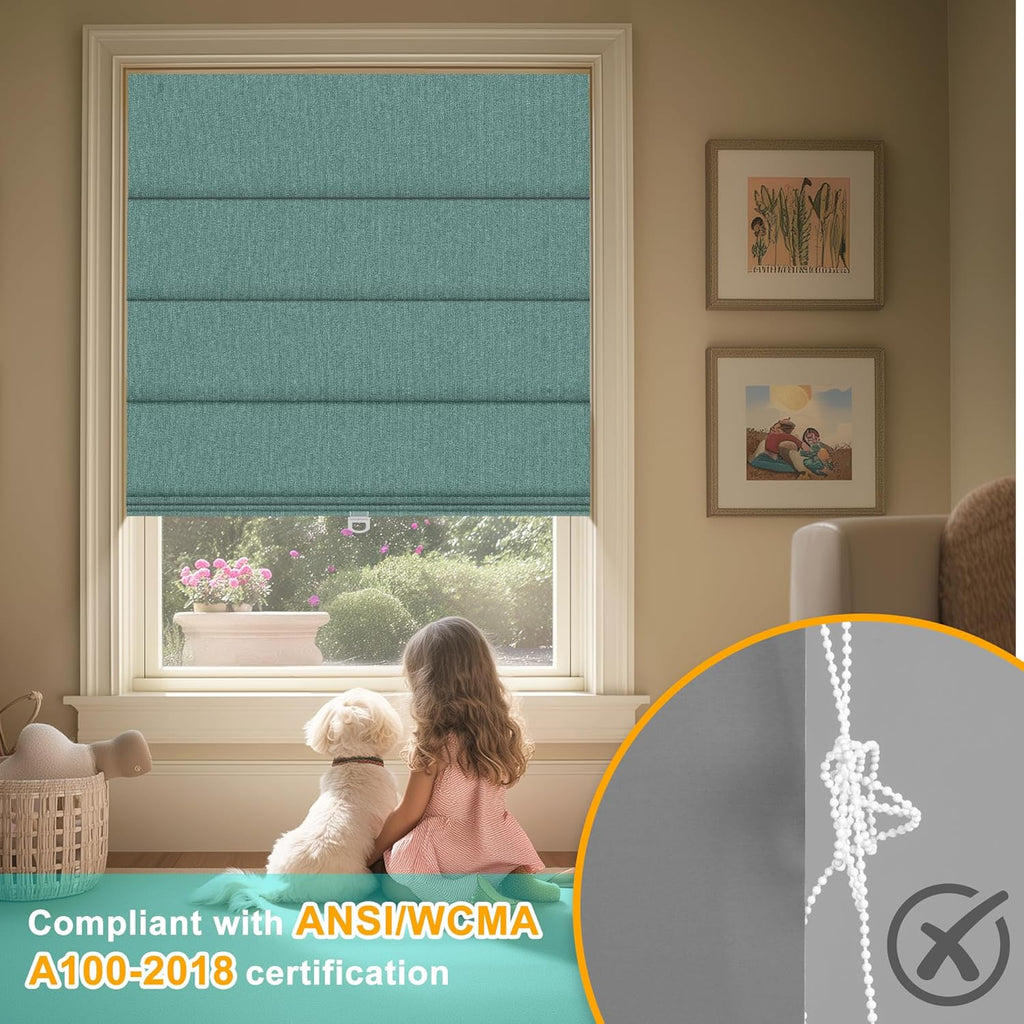 BERISSA Blackout Roman Shades for Windows Cordless,Pull Down Linen Fabric Roman Blinds,Privacy Window Shades for Door Windows,Bedroom,Office,Easy to Install,Turquoise,66" W x 48" H