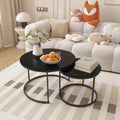 Nesting Coffee Table Set of 2, 27.6inch Round Coffee Table Wood Marble Pattern Top with Sturdy Metal Frame, End Table Side Tables for Living Room Bedroom Balcony Yard (Black),CFT2601