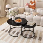 Nesting Coffee Table Set of 2, 27.6inch Round Coffee Table Wood Marble Pattern Top with Sturdy Metal Frame, End Table Side Tables for Living Room Bedroom Balcony Yard (Black),CFT2601