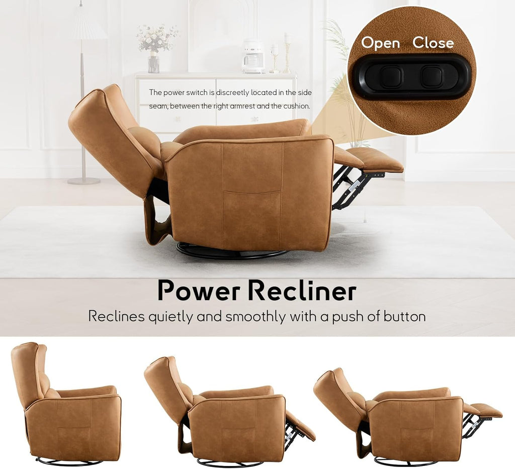Bonzy Home 270° Swivel Power Recliner Chair, 30° Rocking Chair with Lumber Cushion and Highly Enveloping Backrest, Electric Reclining Home Theater Seat for Nursery, Bedroom, Living Room, Brown