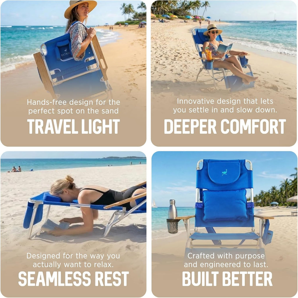 Ostrich the Deluxe 3N1 Lightweight Lawn Beach Reclining Lounge Chair with Footrest, Outdoor Furniture for Patio, Balcony, Backyard, or Porch, Blue