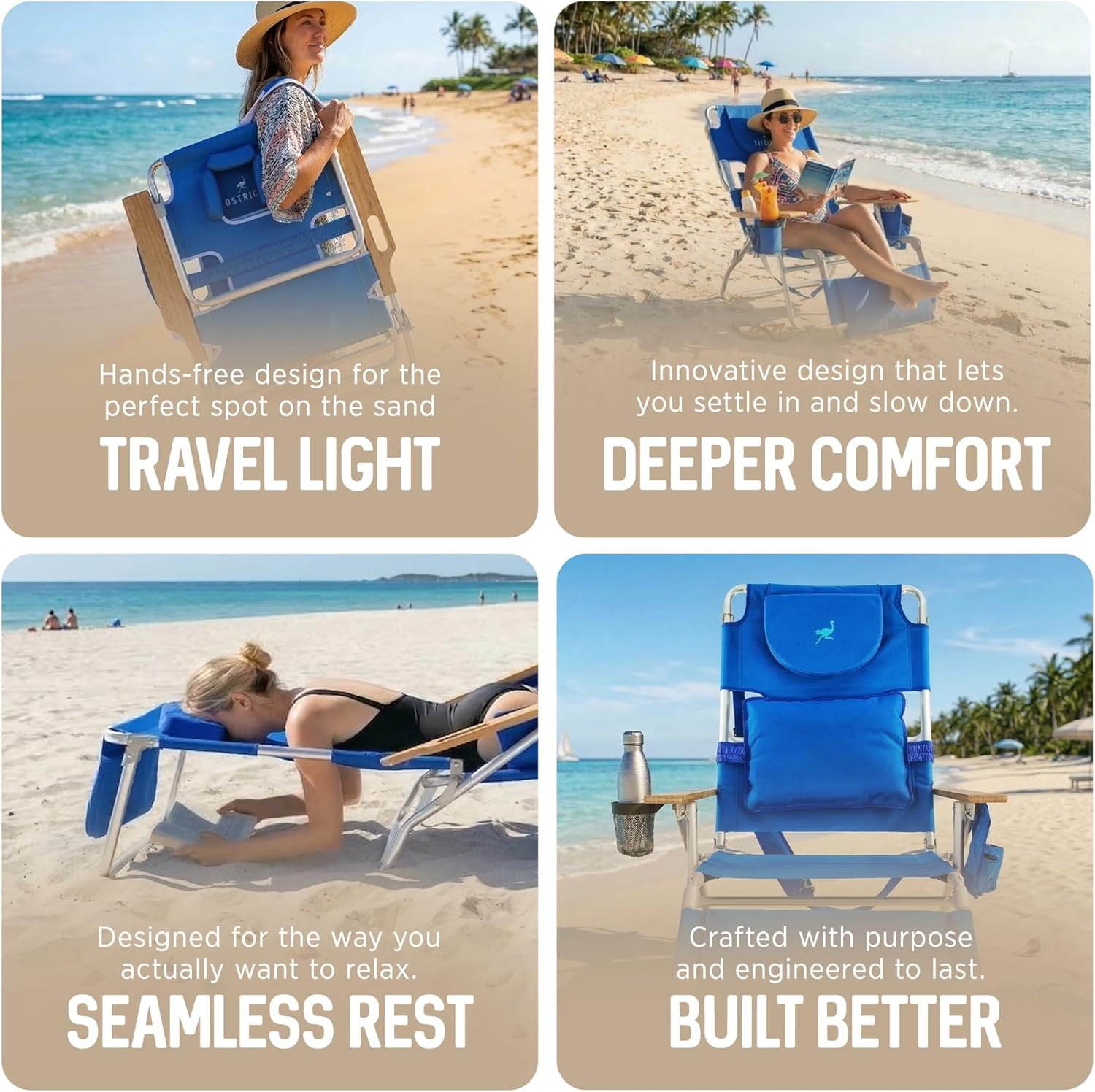 Ostrich the Deluxe 3N1 Lightweight Lawn Beach Reclining Lounge Chair with Footrest, Outdoor Furniture for Patio, Balcony, Backyard, or Porch, Blue