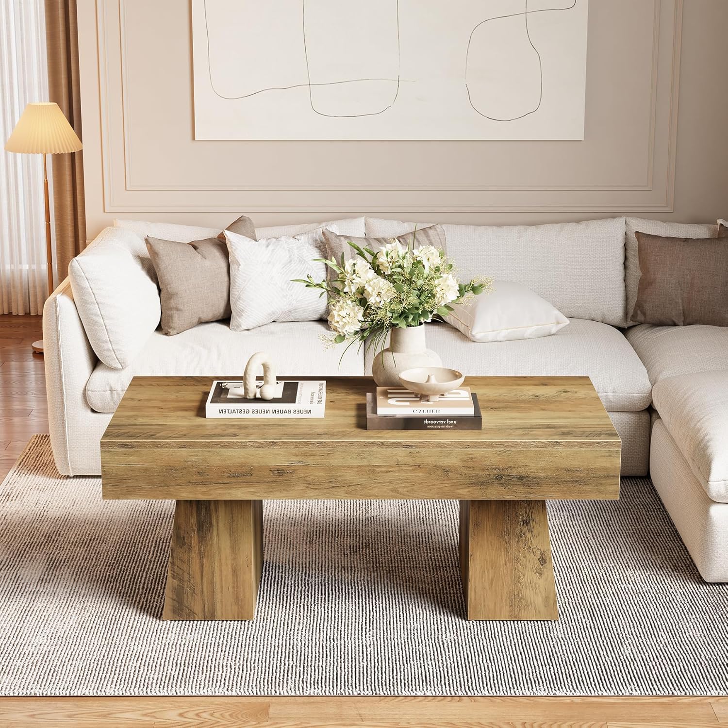 LITTLE TREE Farmhouse Coffee Table, 47 Inches Wooden Rectangular Accent Center Tables with Thick Base, Modern Low Cocktail Tea Furniture for Living Room (Rustic Brown)