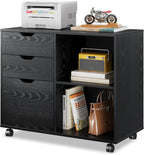 DEVAISE 3-Drawer Wood File Cabinet, Mobile Lateral Filing Cabinet, Printer Stand with Open Storage Shelves for Home Office, Black
