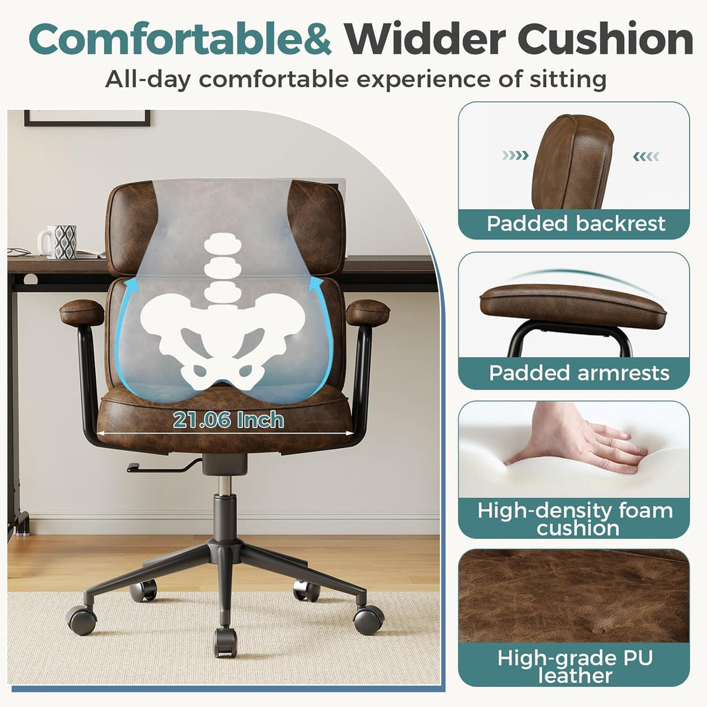 OLIXIS Ergonomic Home Office Desk Chair, PU Leather Computer Chair with Lumbar Support Adjustable Height Rolling Swivel Executive Task Armrests Chair, Modern Brown