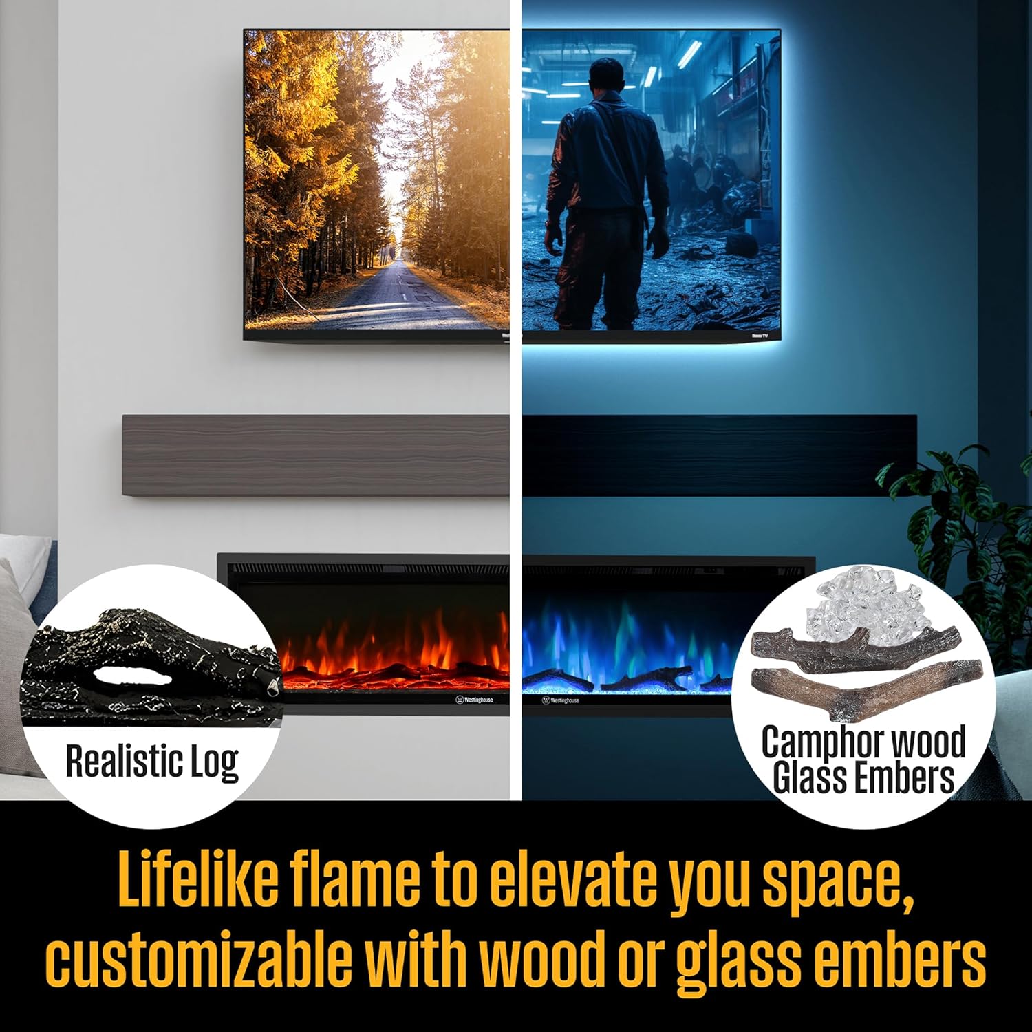 Westinghouse 74 Inch Electric Fireplace Heater, Compatible with Alexa & Google Home, Wall Mount or in-Wall Recessed Fireplace Insert, 24 Hour Timer, Color Changing Flames, 750W/1500W Indoor Heater