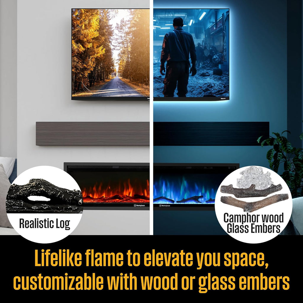 Westinghouse 50 Inch Electric Fireplace Heater, Compatible with Alexa & Google Home, Wall Mount or in-Wall Recessed Fireplace Insert, 24 Hour Timer, Color Changing Flames, 750W/1500W Indoor Heater