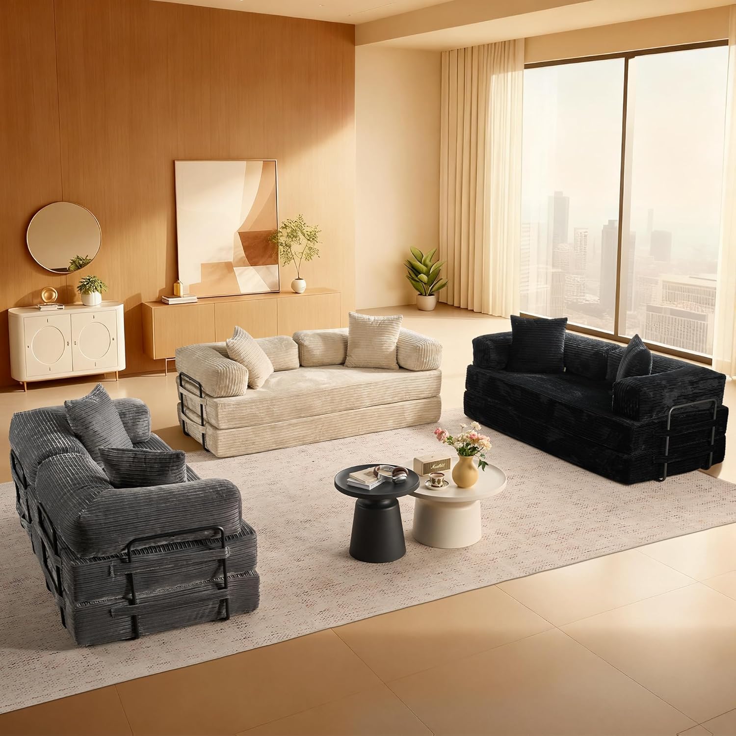 ovios 81" Folding Sofa Bed, Foldable Sleeper Boneless Couch with Pull Out Beds, Modular Convertible Floor Futon Loveseat Lounger for Living Room (Corduroy, Beige)