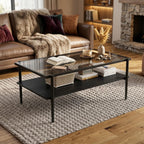 Casaphoria Rectangle Coffee Table, Modern 2-Tier Center Table with Gray Tempered Glass Top & Black Metal Legs, Living Room Furniture with Open Storage Shelf, 38.4 Inch