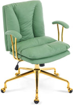 VINGLI Home Office Desk Chair Comfy with Wheels & Removable Armrests,Gold Base Vanity Chair with Back,Adjustable Rolling Swivel Computer Task Chair for Study,Makeup,Office,Cat Scratch PU,Green
